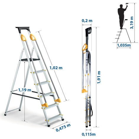 Escabeau 6 marches DURAMP pliable avec rampes de sécurité et porte-outils Hoström